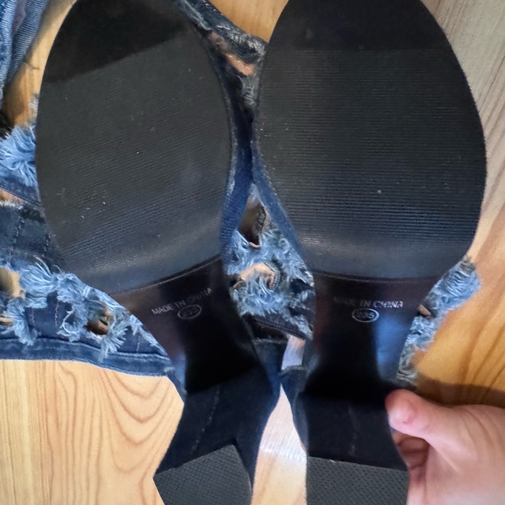 Distressed Denim Knee-High Heeled Platform Boots - Picture 4 of 8